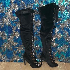 Black Velvet Thigh High Laced Heeled Boots